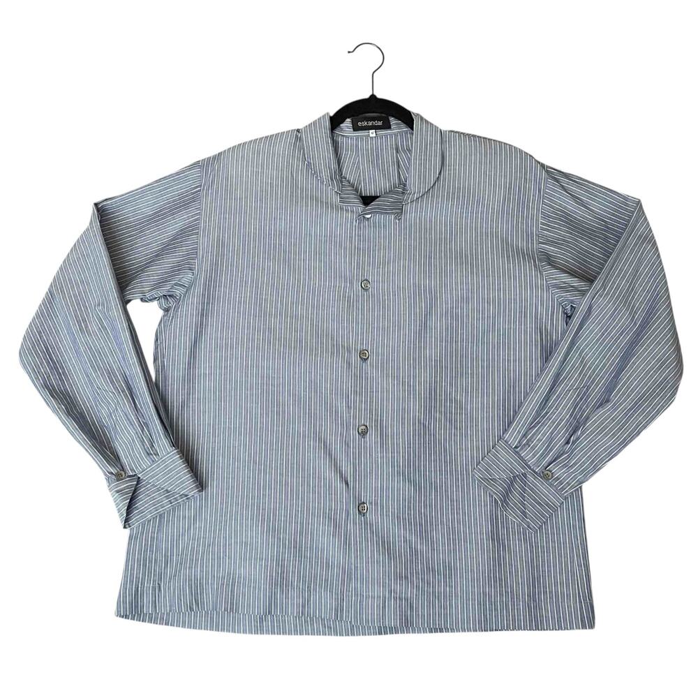 Eskandar Women's Mandarin Collar Button-Front Shirt Blue Striped Size 0 (6-8)